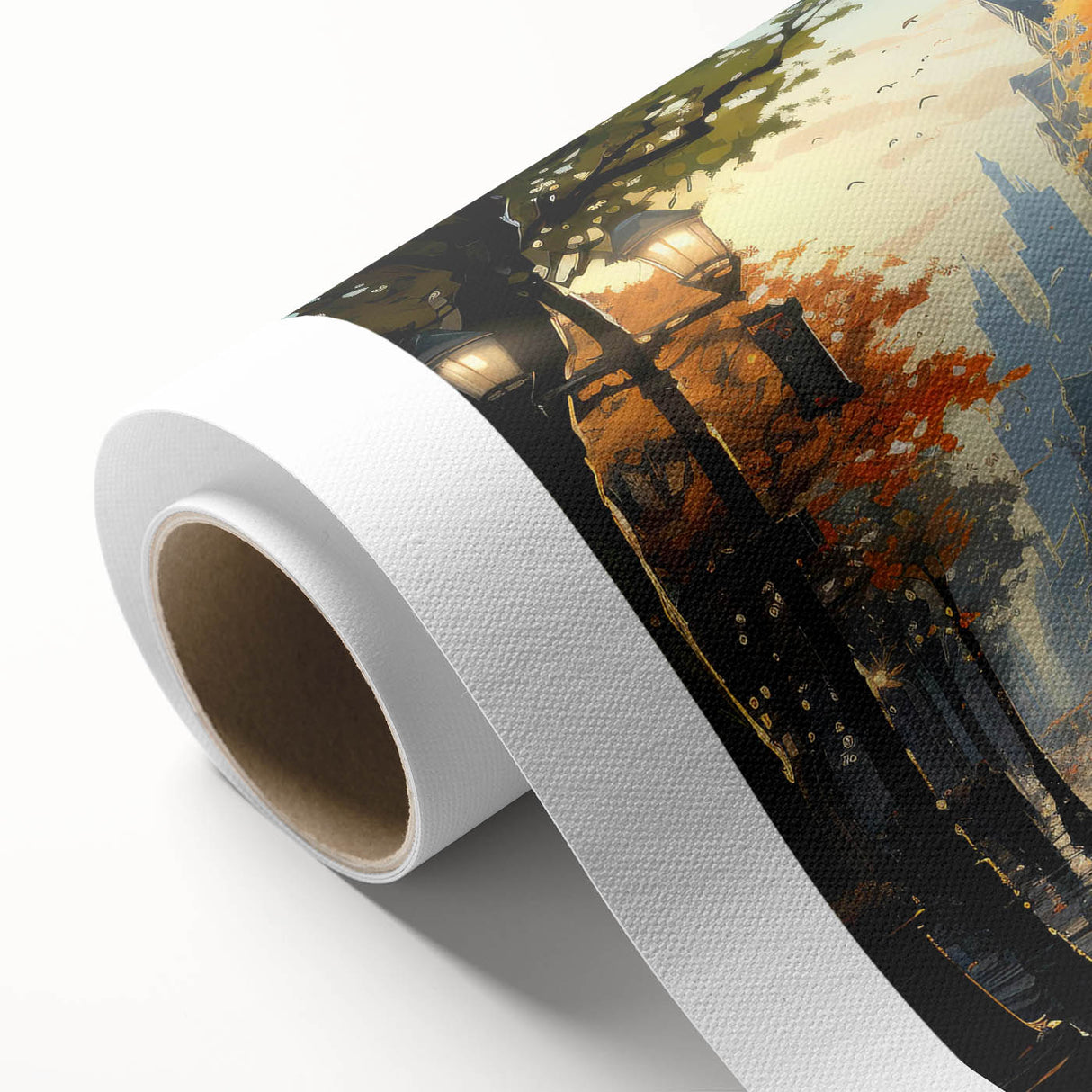 Vibrant rolled canvas showcasing a serene landscape road design in rich colors, ideal for modern home decor, packaged securely in a protective tube.
