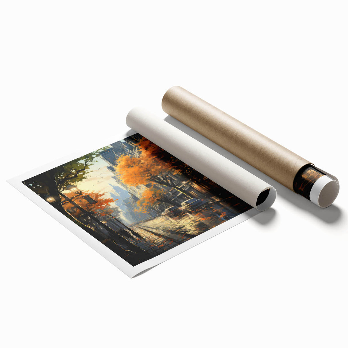 Rolled print showcasing a vibrant landscape road design with rich colors and intricate details, ideal for home decor and artistic displays.