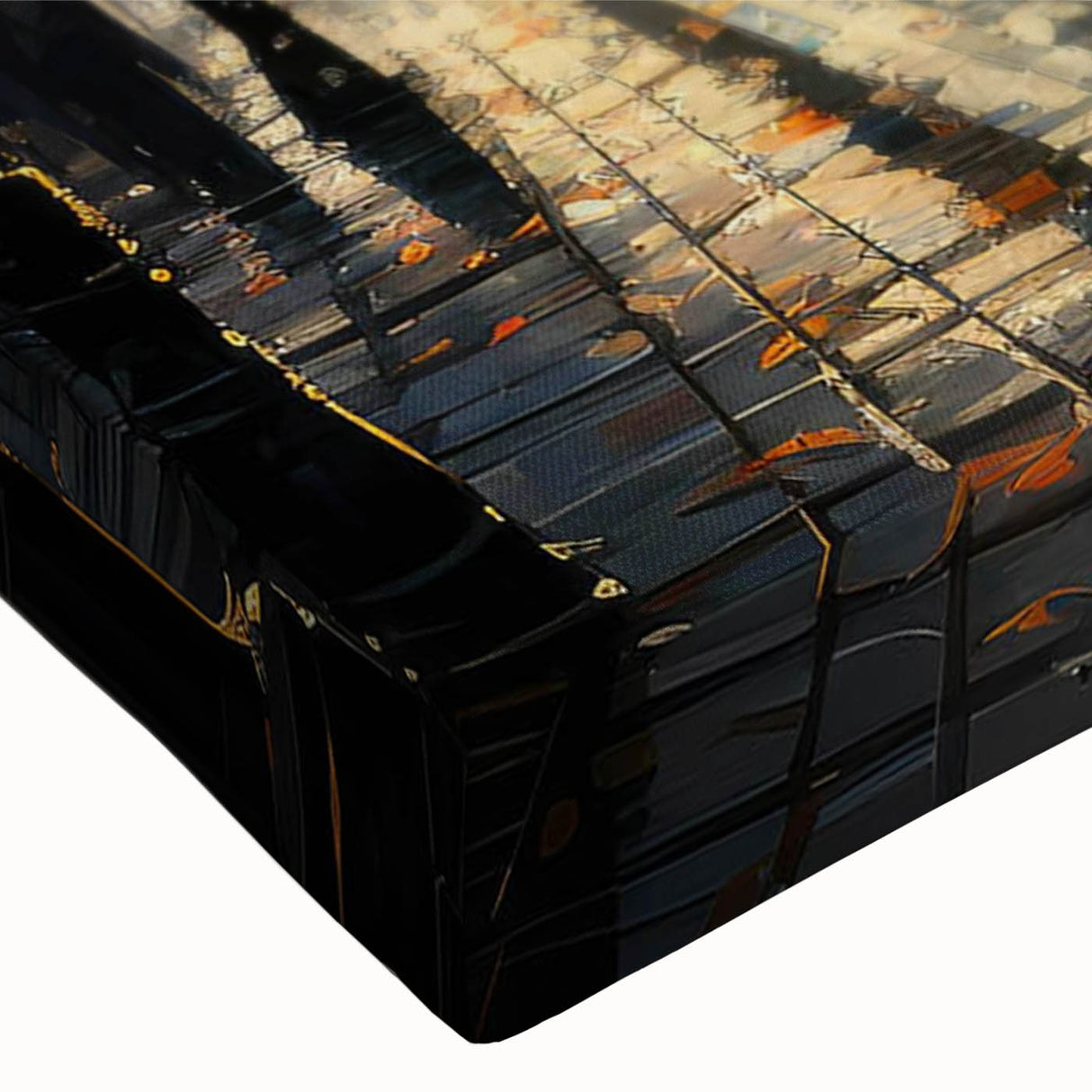 Stretched canvas close-up showcasing a vibrant landscape road design, featuring rich colors and intricate textures, perfect for modern home decor accents.