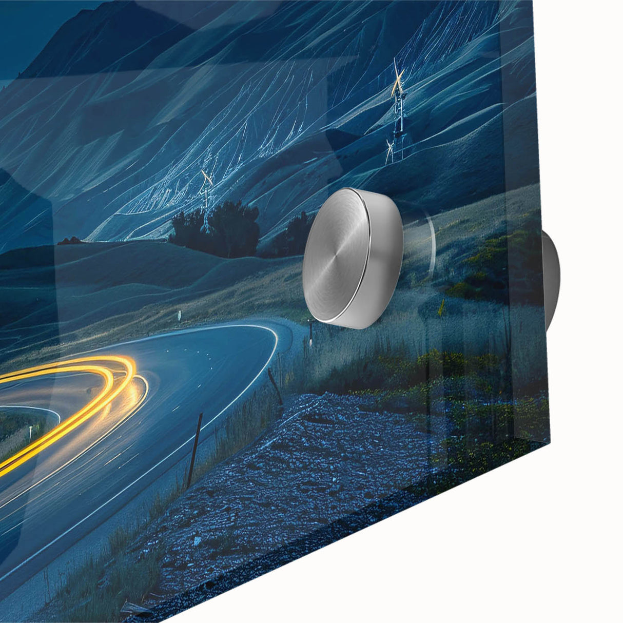 Close-up of a vibrant acrylic glass artwork showcasing a colorful landscape with winding roads, ideal for home decor and modern art enthusiasts. Perfect for adding a touch of creativity to any room.