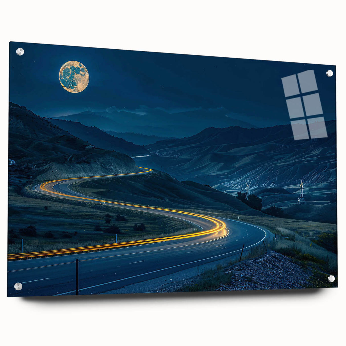 Acrylic glass wall art displaying a vibrant landscape with winding roads, featuring a side view and decorative pins, ideal for modern home decor.