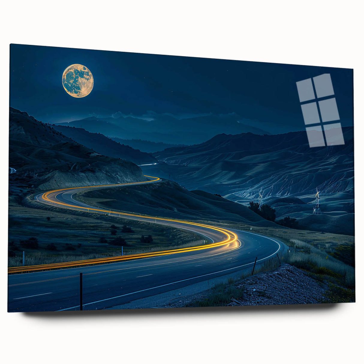 Acrylic glass wall art featuring a scenic landscape design, showcasing winding roads and vibrant colors, ideal for modern home decor or office spaces.