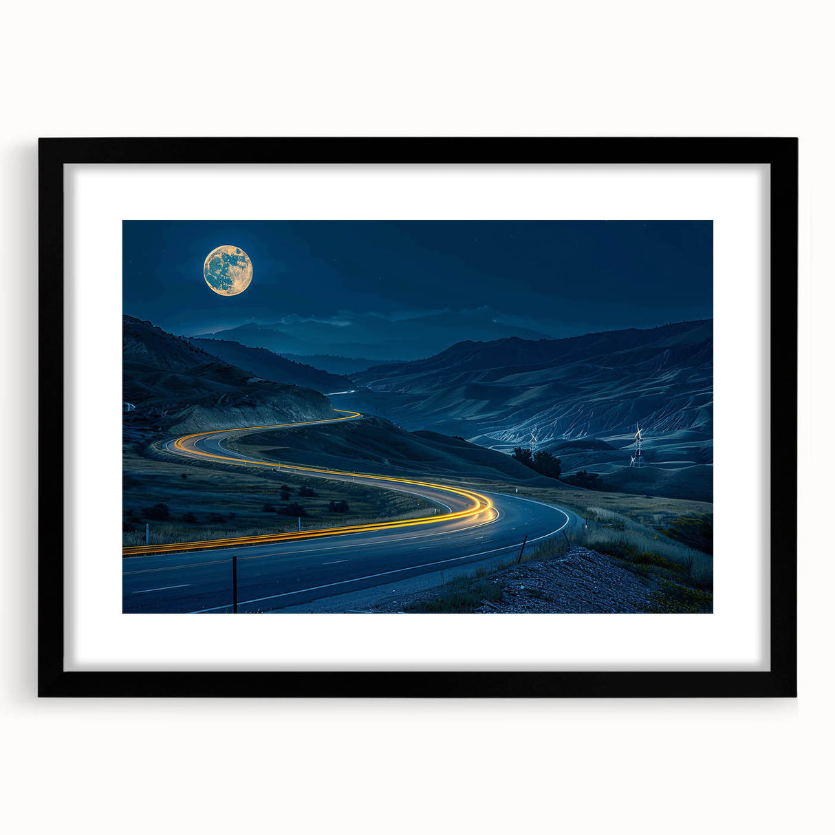 Framed wall art featuring a scenic landscape design with roads, set in a sleek black frame with a mat. Ideal for enhancing modern home decor.