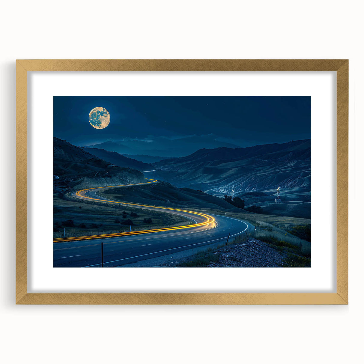 Elegant gold-framed wall art featuring a serene landscape road design, beautifully matted for enhanced display. Ideal for home decor, it adds a touch of sophistication.