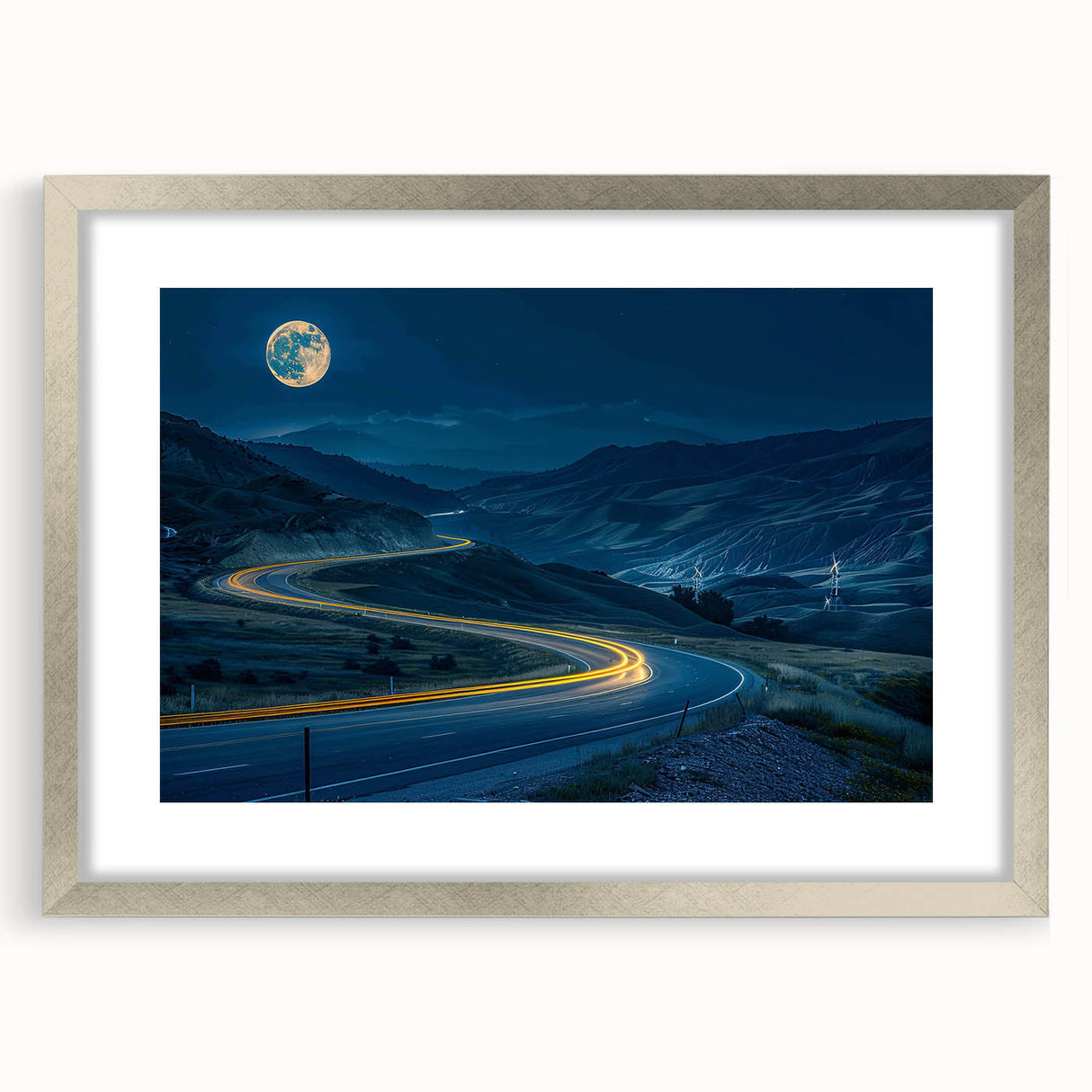Framed wall art featuring a serene landscape with winding roads, presented in a silver frame with a mat, perfect for home decor and interior design enhancement.