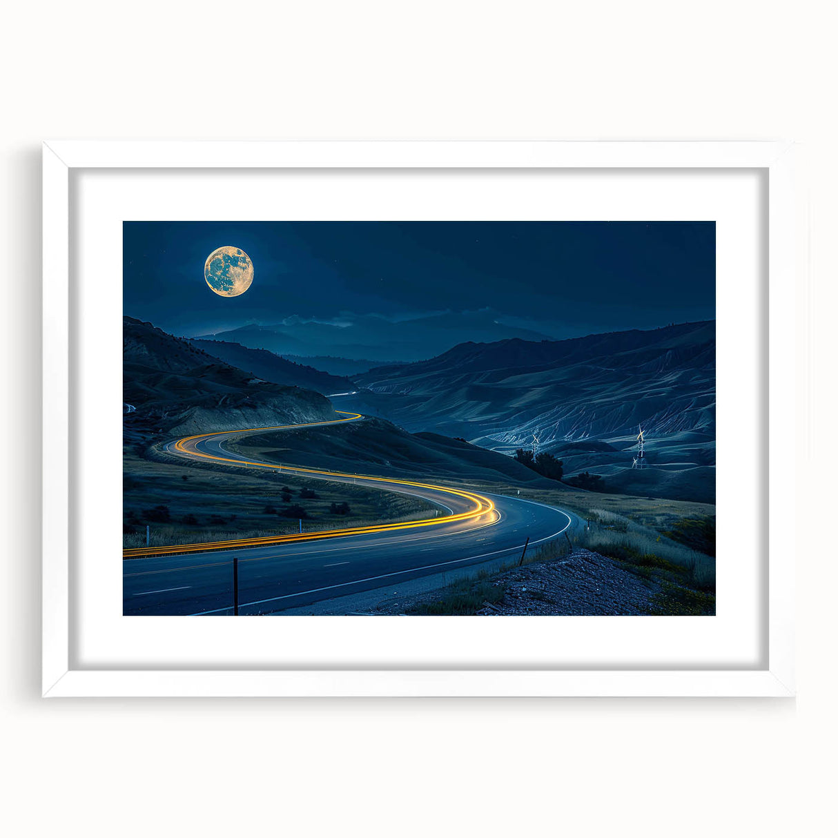 Framed wall art showcasing a serene landscape with winding roads, featuring a white mat and elegant frame, perfect for home decor or office enhancement.