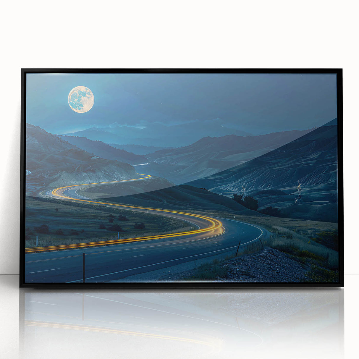 Framed acrylic wall art depicting a serene landscape with winding roads, featuring a black frame and vivid colors, perfect for modern home decor.