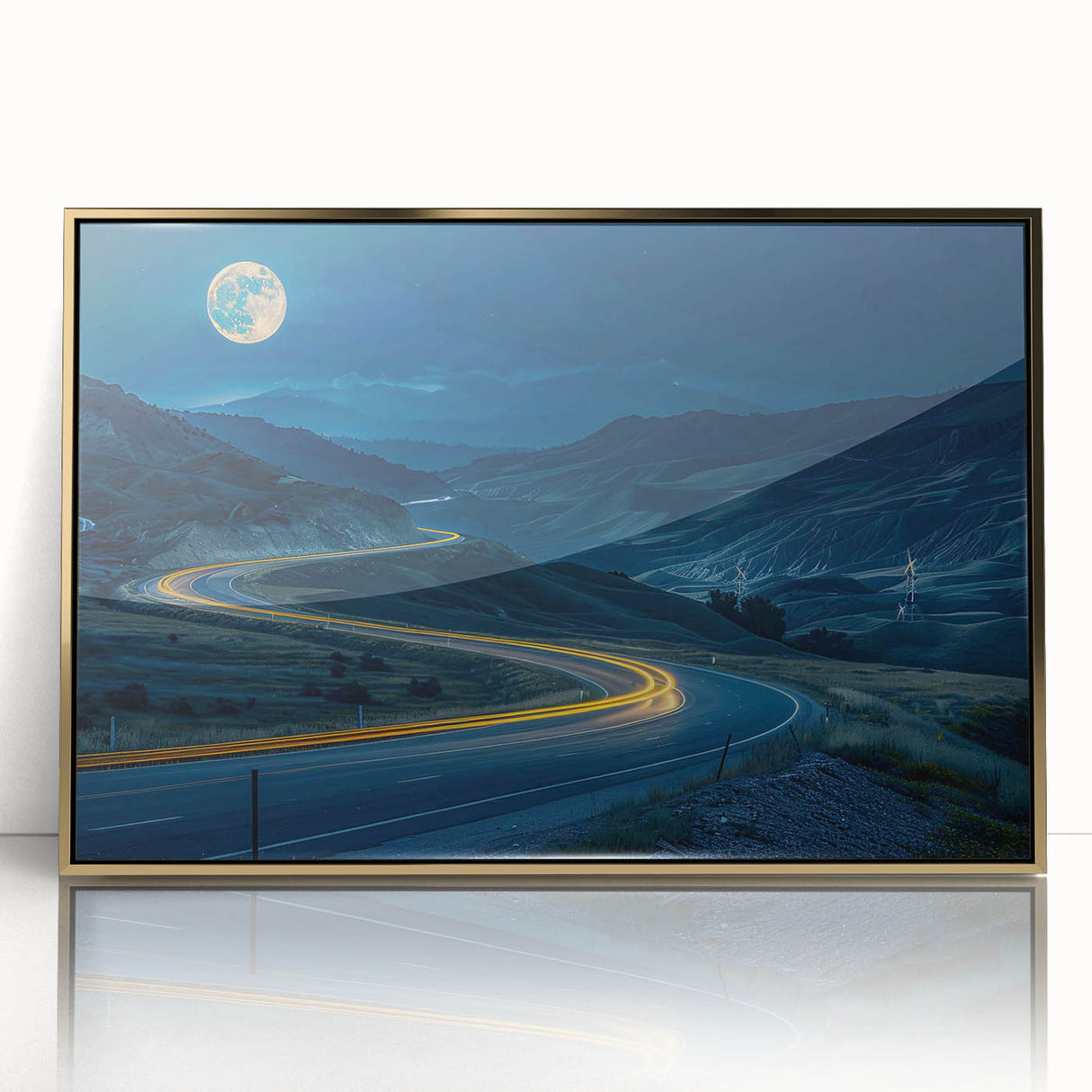 Framed acrylic wall art showcasing a stunning landscape with winding roads, highlighted in gold tones, perfect for modern home decor and interior design.