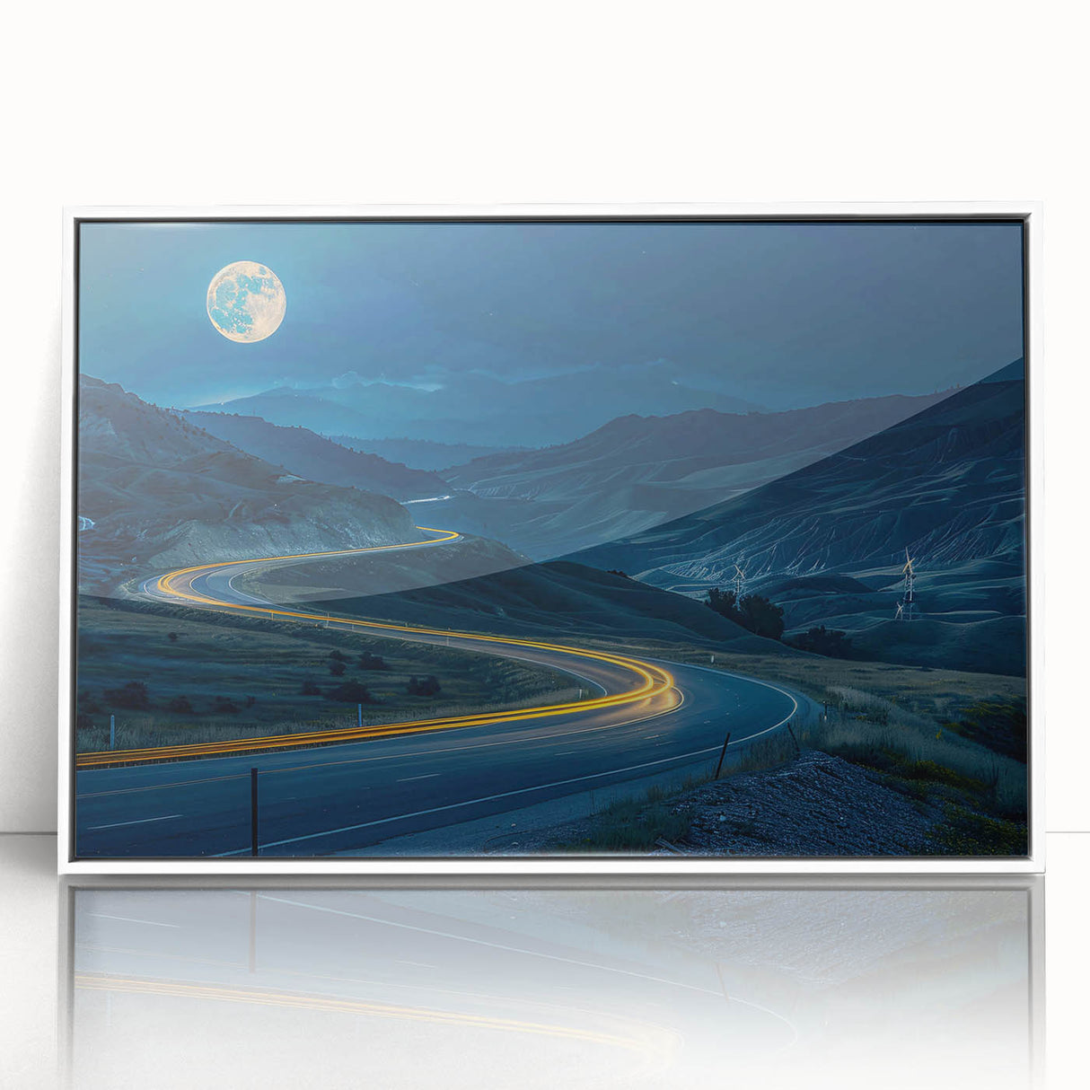 Framed acrylic wall art featuring a scenic landscape design of winding roads, set in a modern white frame, ideal for home decor and enhancing interior aesthetics.