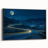 Framed canvas wall art showcasing a scenic landscape with winding roads, presented in a sleek black frame, enhancing modern home decor aesthetics.