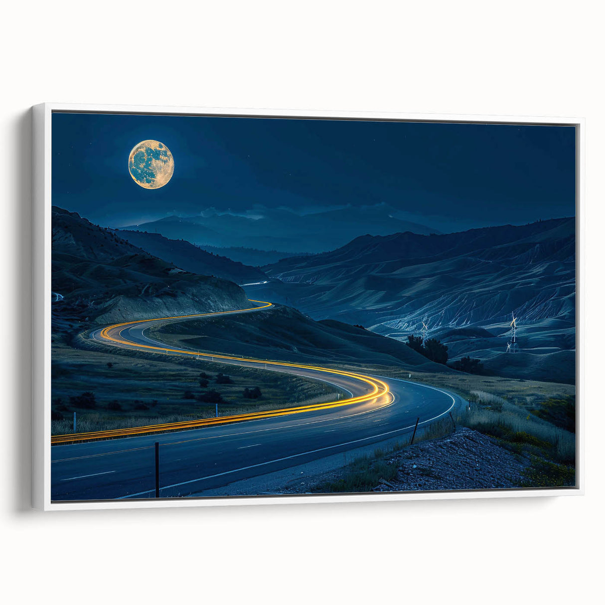 Framed canvas wall art featuring a serene landscape with winding roads, showcasing soft hues of green and blue, ideal for home decor and relaxation.