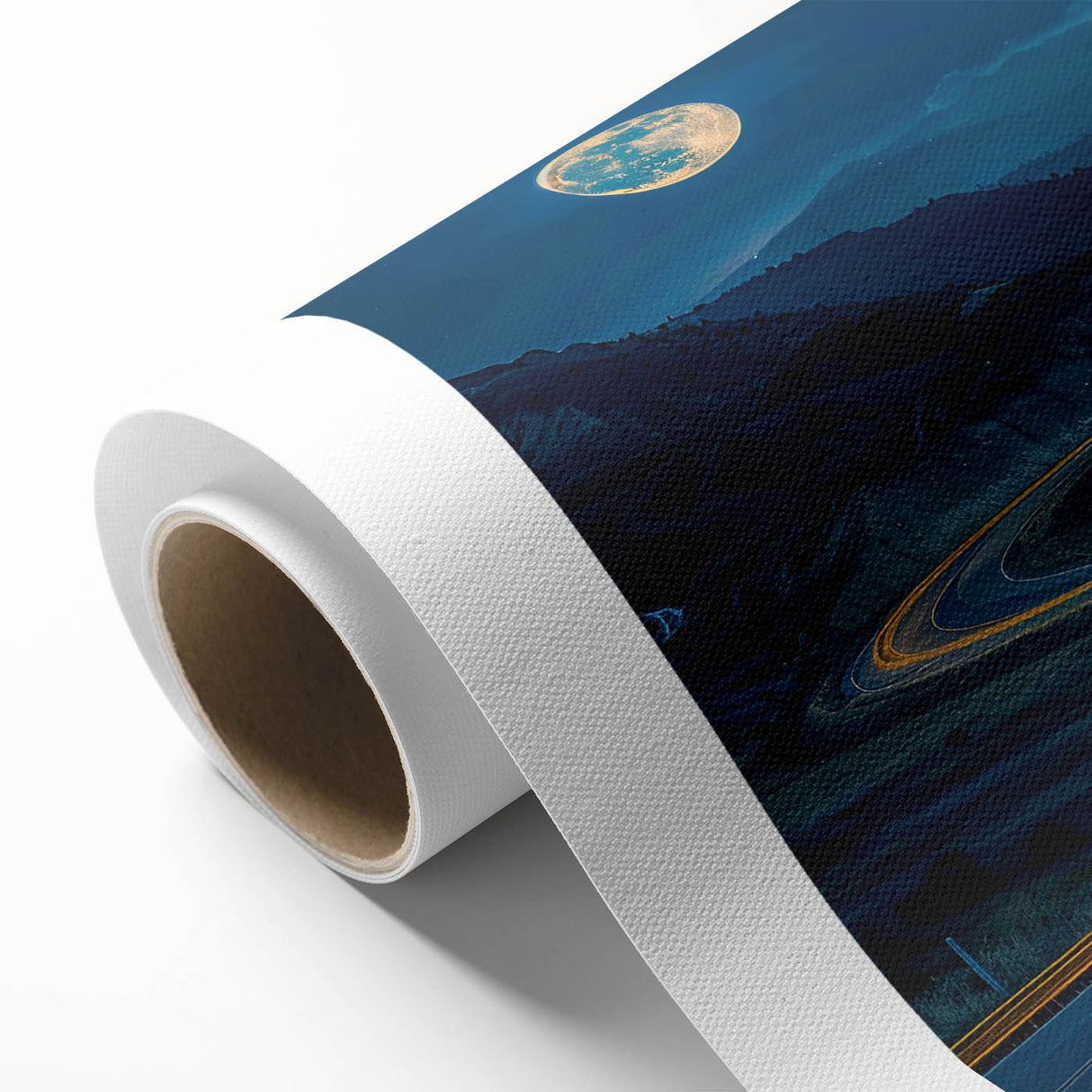 Rolled canvas artwork showcasing a vibrant landscape design with winding roads and lush greenery, ideal for home decor, packaged securely for shipping.