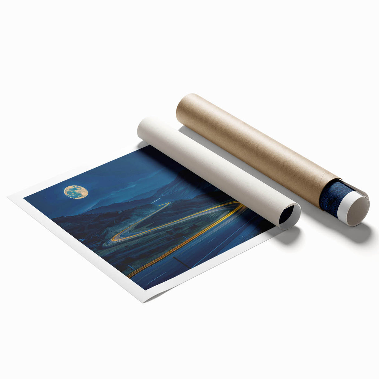 Stunning wall art print showcasing a serene landscape road scene with vibrant colors, rolled and ready for display, ideal for home decor enthusiasts seeking tranquility.