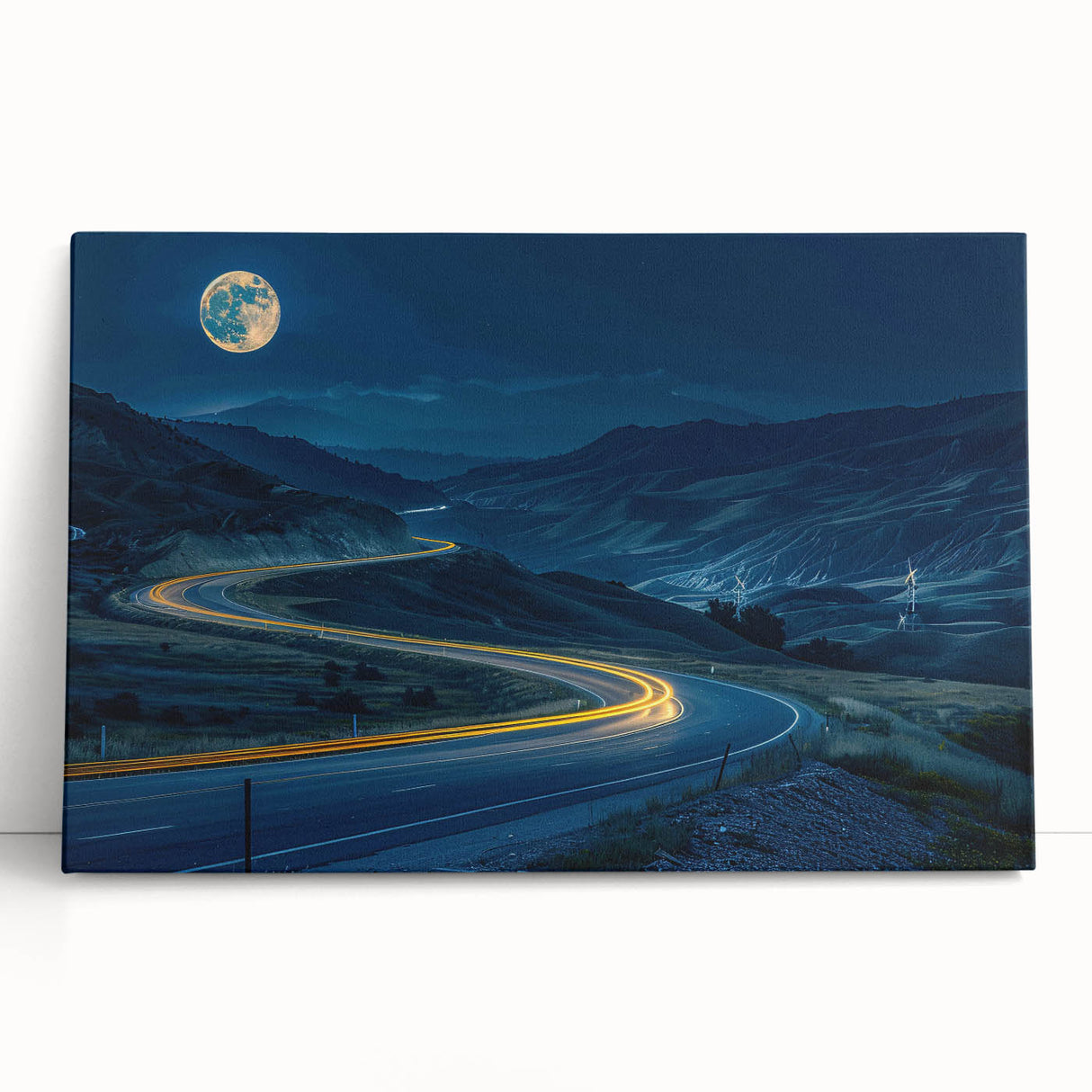 Stretched canvas wall art showcasing a vibrant abstract landscape design with bold colors, leaning against a white wall, perfect for modern home decor.