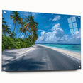 Side view of a modern acrylic glass wall art piece showcasing a vibrant landscape design with road patterns. The artwork is elegantly displayed with pins, highlighting its unique colors and textures, perfect for contemporary home decor.