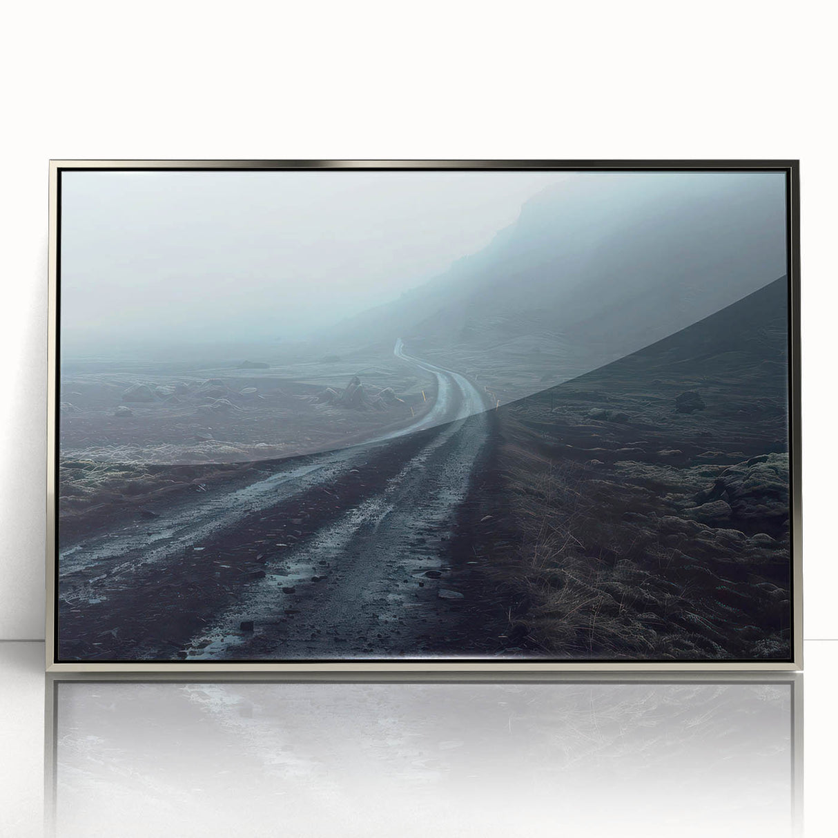 Framed acrylic wall art showcasing a stunning landscape with winding roads, featuring vibrant colors and a silver frame, perfect for modern home decor.