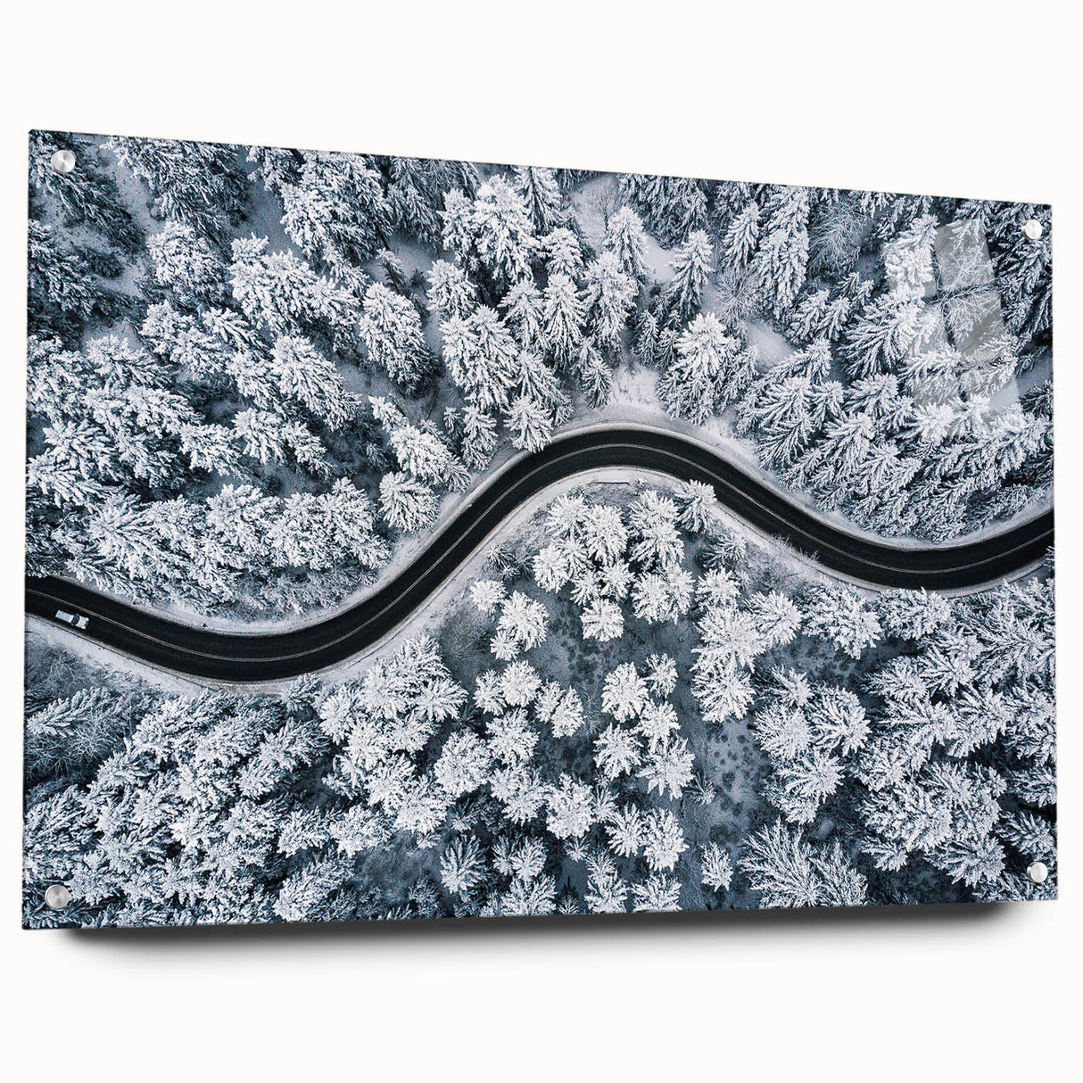 Acrylic glass wall art design featuring scenic landscapes and roads, presented in a side view with visible pins. Perfect for modern home decor and artistic settings.