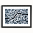 Framed wall art featuring a stunning landscape with winding roads, set in a sleek black frame with a white mat, ideal for modern home decor. Perfect for adding a touch of elegance to any room.