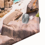 Close-up view of a vibrant acrylic glass artwork showcasing a detailed landscape with textured rocks, ideal for modern home decor or wall art collection.