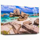 Acrylic glass wall art showcasing a scenic landscape with colorful rocks, elegantly displayed from a side view with decorative pins, perfect for modern home decor.