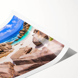 Vibrant rolled canvas print of an abstract landscape featuring layered rocks in earthy tones, ideal for home decor, shipped securely in a protective tube.