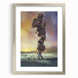 Framed landscape wall art showcasing a serene rocky terrain in muted tones, featuring a silver frame and mat, ideal for modern home decor.