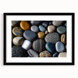 Framed wall art featuring a serene landscape of rocks and mountains, showcasing natural earthy tones, ideal for home décor or office enhancement.