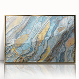 Framed acrylic wall art showcasing a modern landscape design with vibrant colors and intricate rock formations, accented by a stylish gold frame, ideal for home decor.