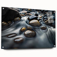 Acrylic glass wall art showcasing a vibrant landscape design with rocky formations, viewed from the side, featuring decorative pins for hanging. Ideal for modern home decor.