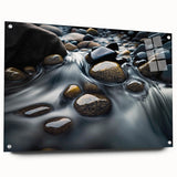 Acrylic glass wall art showcasing a vibrant landscape design with rocky formations, viewed from the side, featuring decorative pins for hanging. Ideal for modern home decor.
