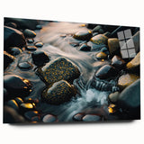 Acrylic glass wall art showcasing a vibrant landscape design featuring colorful rock formations and serene natural elements, presented without pins for a sleek side view display. Ideal for modern home decor and art enthusiasts.