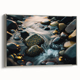 Framed canvas wall art featuring a serene landscape with textured rocks, set in a sleek silver frame, perfect for modern home decor. Ideal for nature enthusiasts.