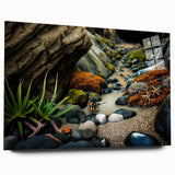 Acrylic glass wall art collection showcasing a vibrant landscape design featuring intricate rock formations, presented in a side view without pins, perfect for modern decor.