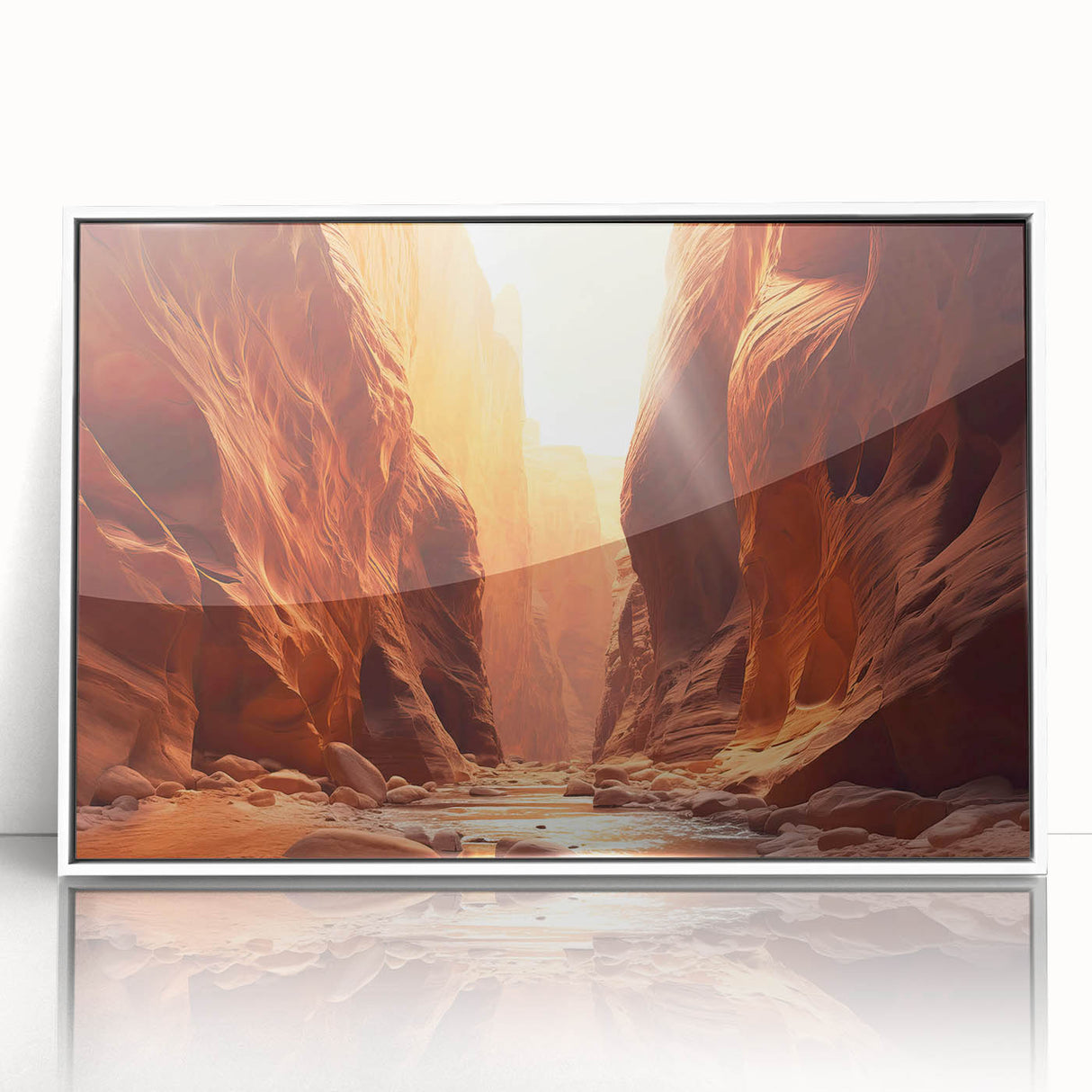 Framed wall art featuring a modern landscape design with rocks and natural textures, displayed in a sleek white frame, ideal for contemporary home decor.