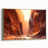 Framed landscape wall art featuring a rocky terrain design in earthy tones with a gold frame, showcasing a side view of the canvas display for elegant home decor.