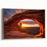 Framed canvas wall art showcasing a contemporary landscape design with rock formations, highlighted by a gold frame, ideal for modern home decor.