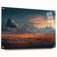 Acrylic glass wall art display showcasing a stunning landscape design featuring vibrant rocks and natural elements, elegantly mounted with visible pins from a side view.