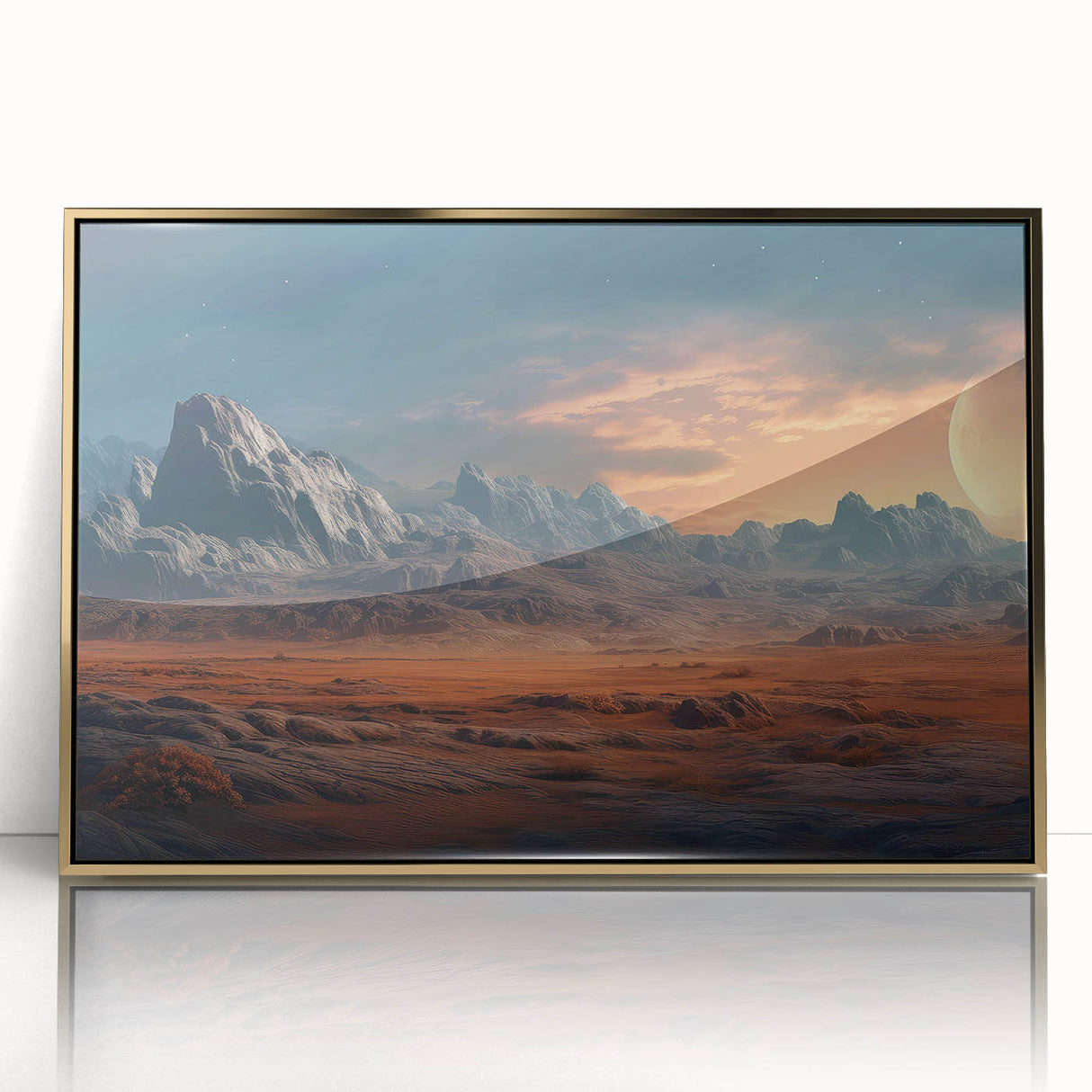 Framed wall art collection showcasing a modern landscape design featuring abstract rocks in earthy tones, with a sleek gold frame, perfect for contemporary decor.