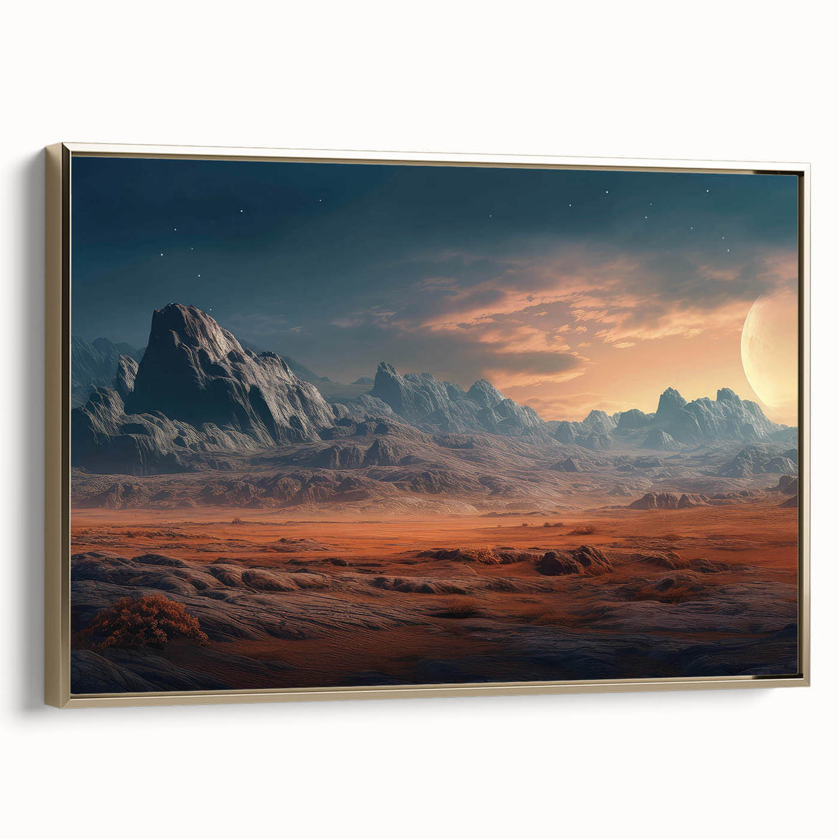 Framed canvas wall art featuring a stunning landscape of textured rocks, accented with a gold frame, ideal for modern home decor and interior design enthusiasts.