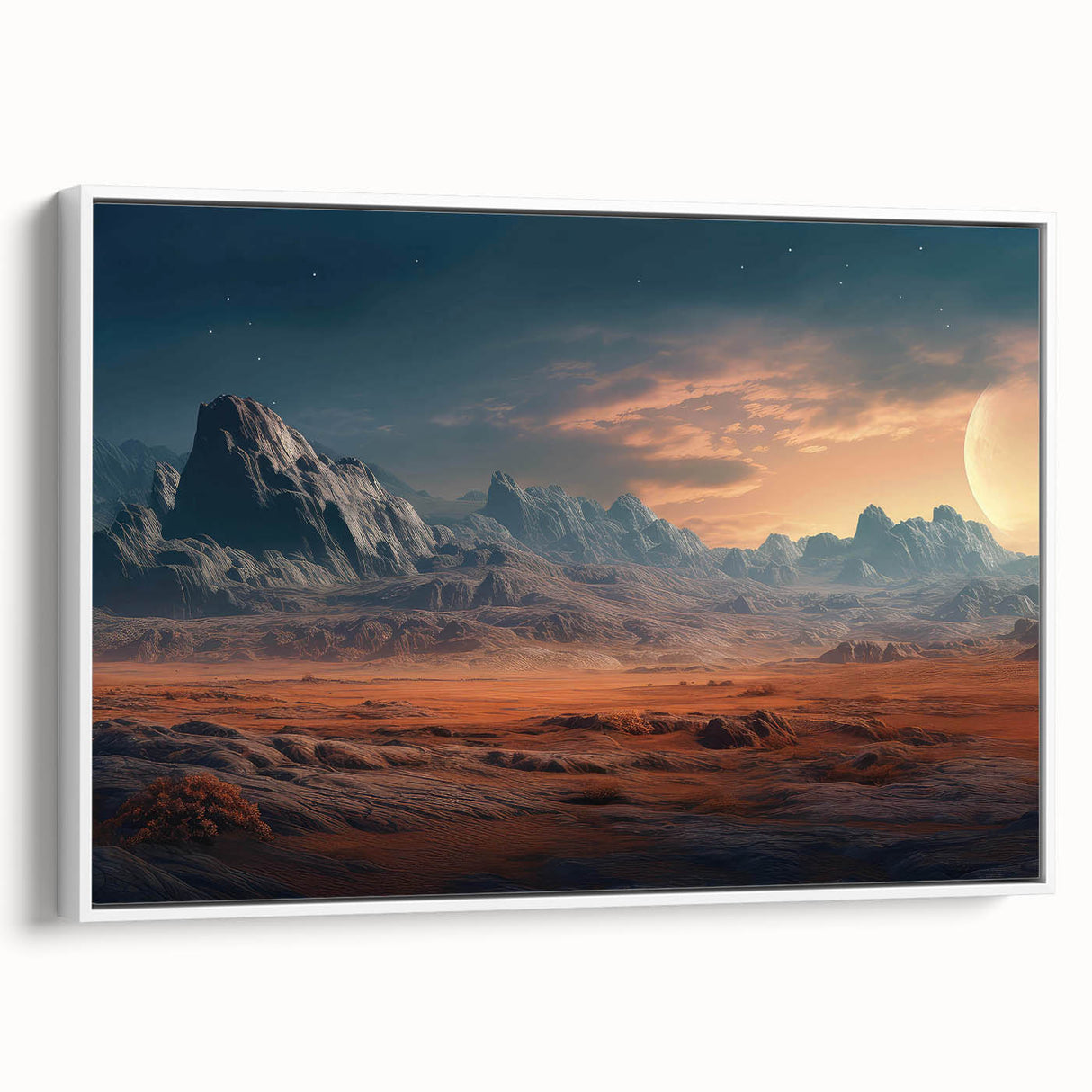 Framed canvas wall art showcasing a serene landscape of rocks and nature, featuring earthy tones and a white frame, perfect for modern home decor.