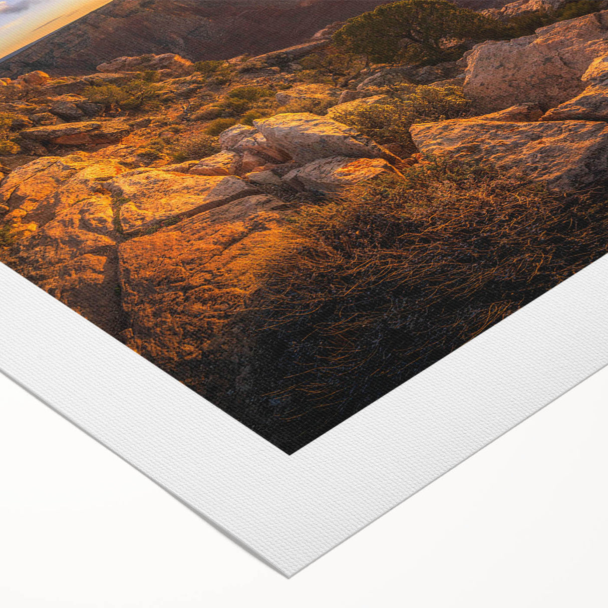 Rolled canvas showcasing a vibrant abstract landscape design with rocky formations and rich colors, perfect for modern home decor or art enthusiasts.