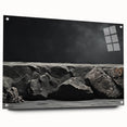Acrylic glass wall art showcasing a contemporary landscape design featuring vibrant rocks, displayed from a side view with metallic pins for mounting, ideal for modern decor.