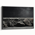 Framed canvas wall art showcasing a striking landscape design with rocky terrain and vibrant colors, displayed with a black frame for an elegant finish.