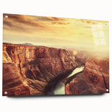 Acrylic wall art collection showcasing an abstract landscape design with vibrant colors, side view displaying pins for easy hanging, perfect for modern decor.