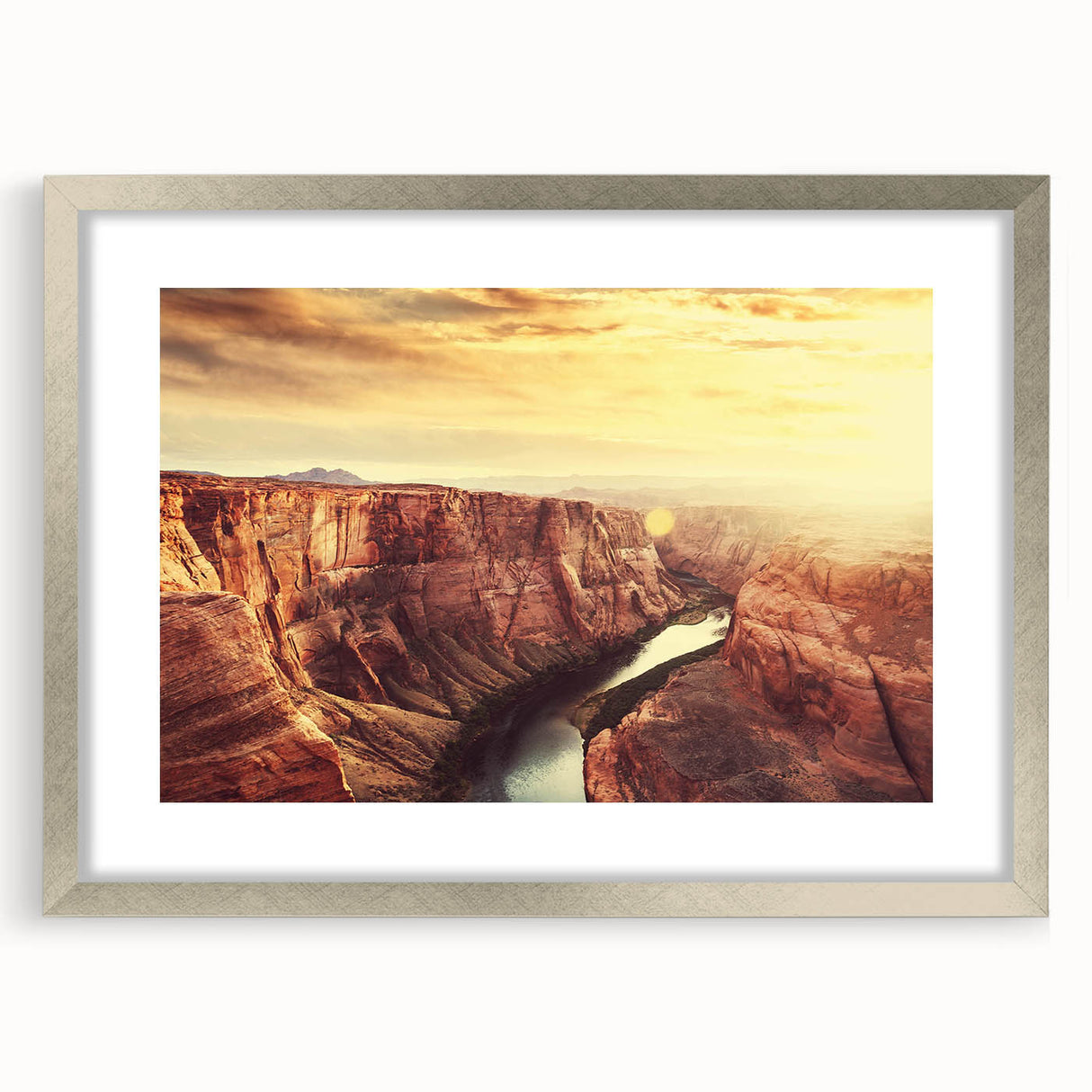 Framed landscape wall art featuring a serene rocky scene, designed with a silver mat and sleek frame, ideal for enhancing modern home decor.