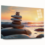 Acrylic glass wall art showcasing a stunning landscape design with rocky formations, ideal for modern decor. The piece is displayed from a side view, highlighting its sleek finish and vibrant colors, perfect for enhancing any living space.