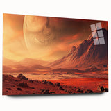 Acrylic glass wall art design showcasing a vibrant landscape with striking rock formations, displayed prominently in a side view without pins. Perfect for modern decor.