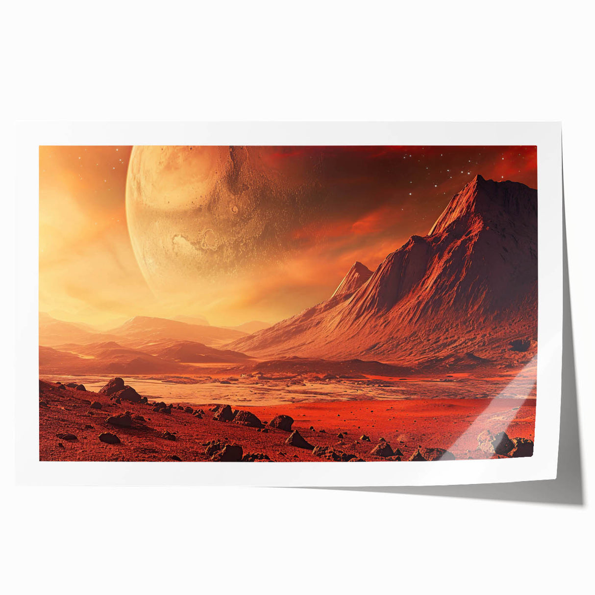 Colorful wall art print showcasing a serene landscape with layered rocks and lush greenery, rolled and packaged securely in a cardboard tube for delivery.