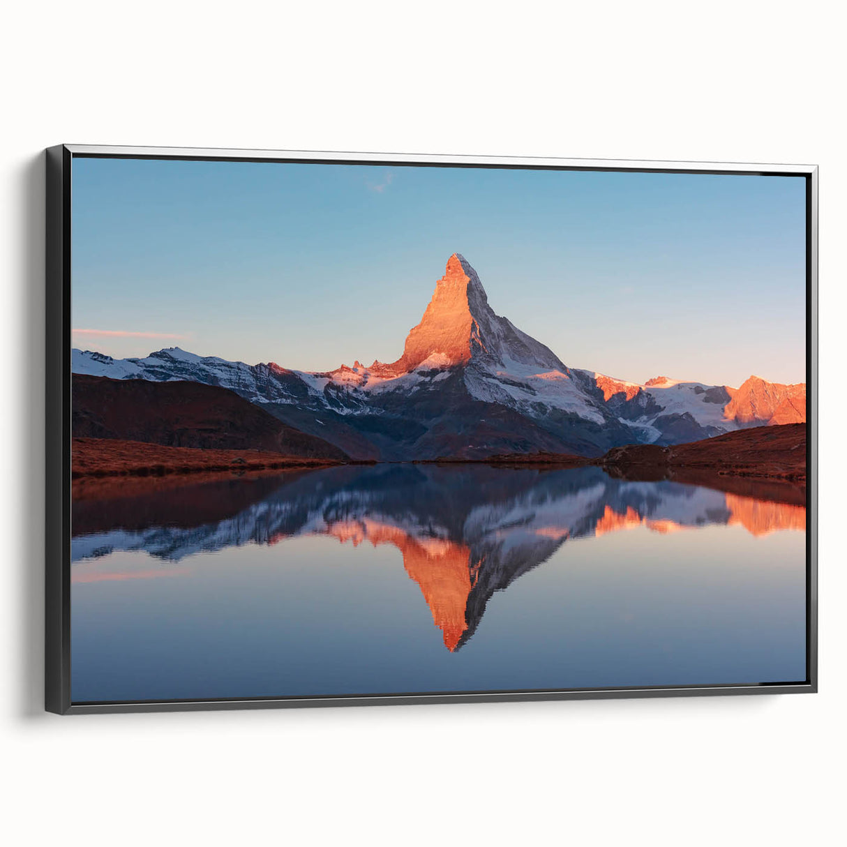 Framed canvas wall art showcasing a striking landscape with textured rocks, designed for contemporary decor. The artwork features a sleek black frame, elegantly displayed from a side view, perfect for enhancing any living space's aesthetic.