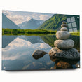 Acrylic glass artwork showcasing a vibrant landscape design featuring rocks and nature elements, displayed in a sleek side view with decorative pins to enhance presentation. Perfect for modern home decor, this piece adds a touch of elegance and color to any space.